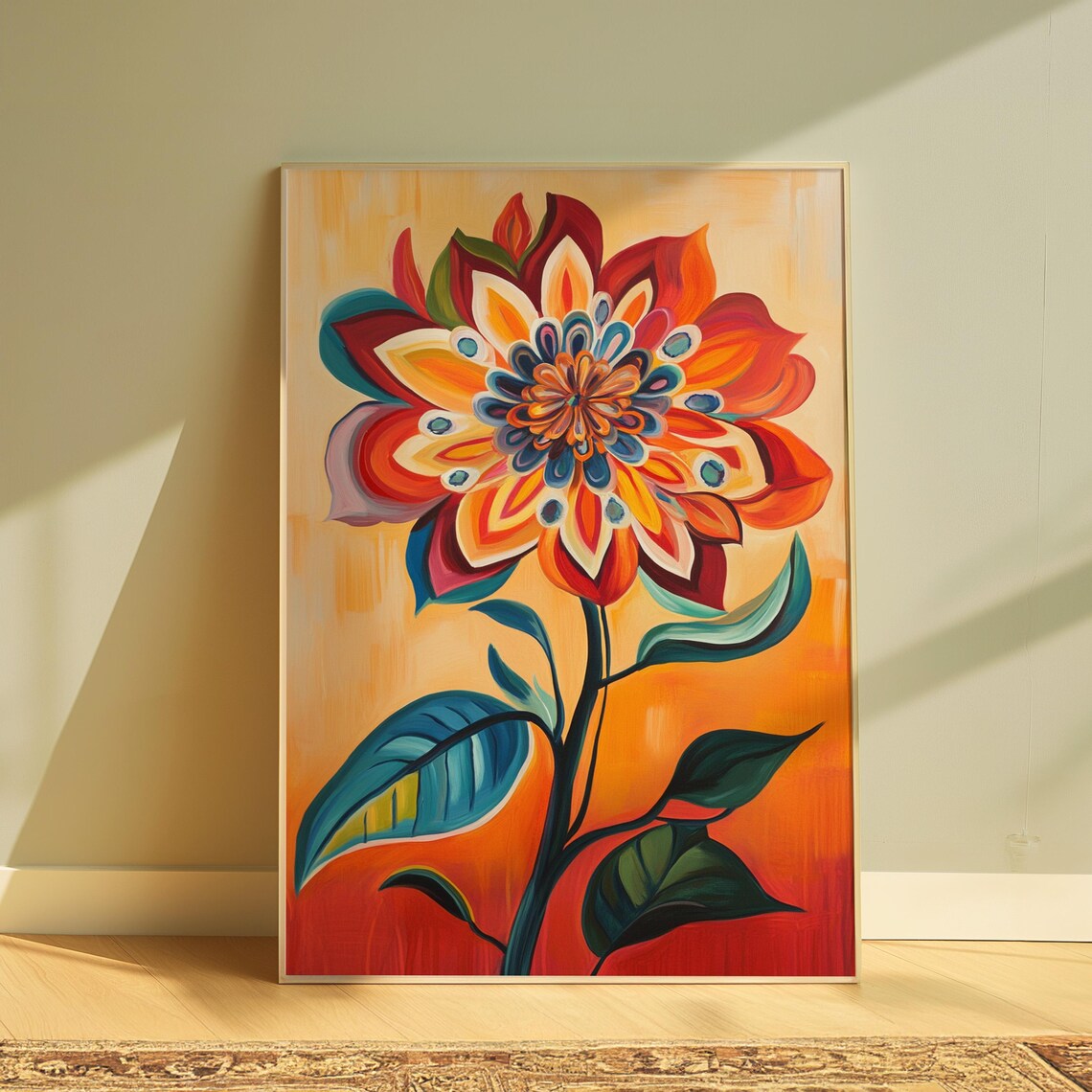 Layered Folk Flower Peacock Eye Center Gold Background Art Poster