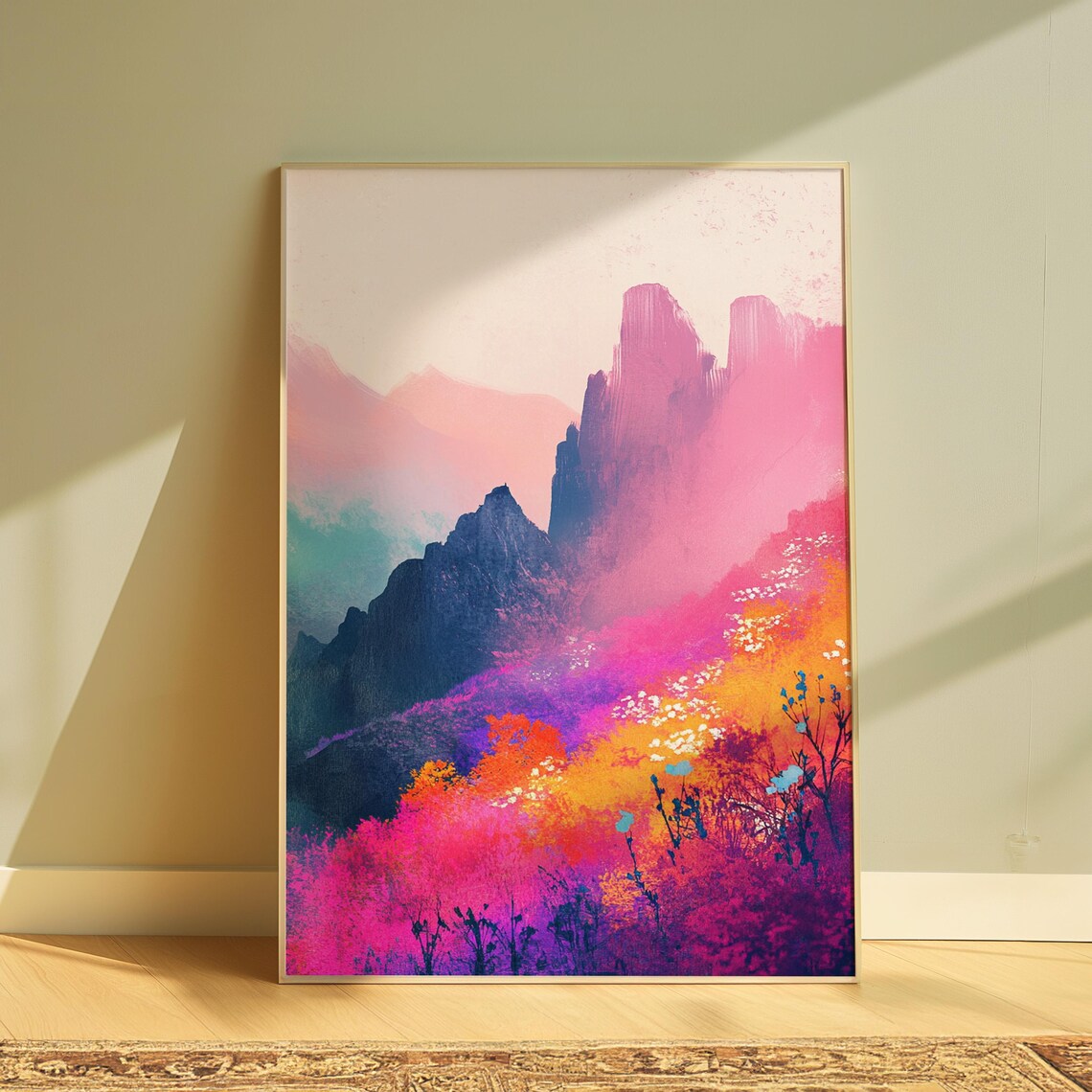 Misty Pink Mountain Cliffs Dark Peaks Dramatic Colorful Landscape Poster