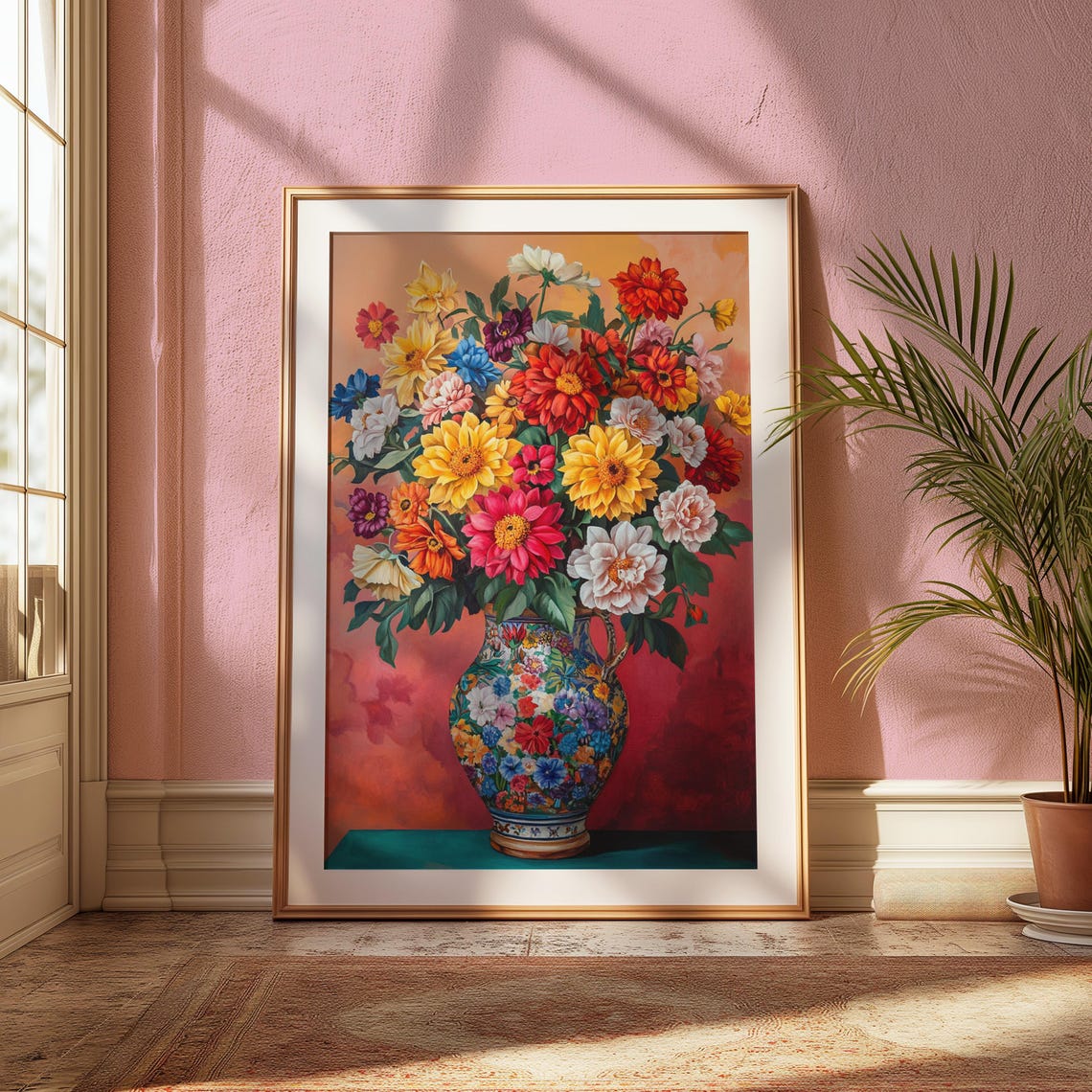 Sunset Zinnia Dahlia Bouquet Ornate Blue Vase Coral Warm Floral Poster - Image 2