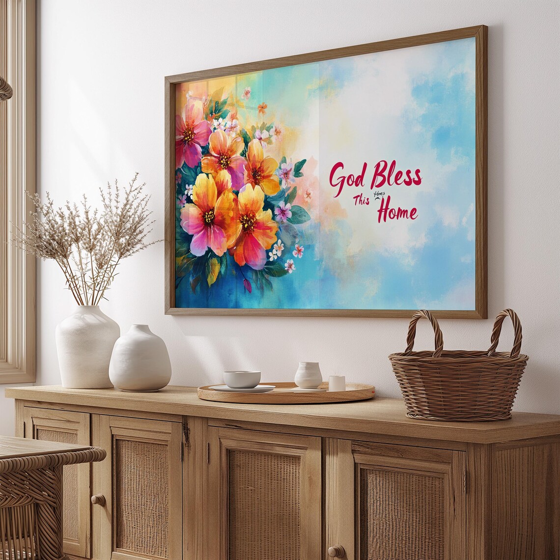 God Bless This Home Orange Blossom Aqua Watercolor Floral Poster