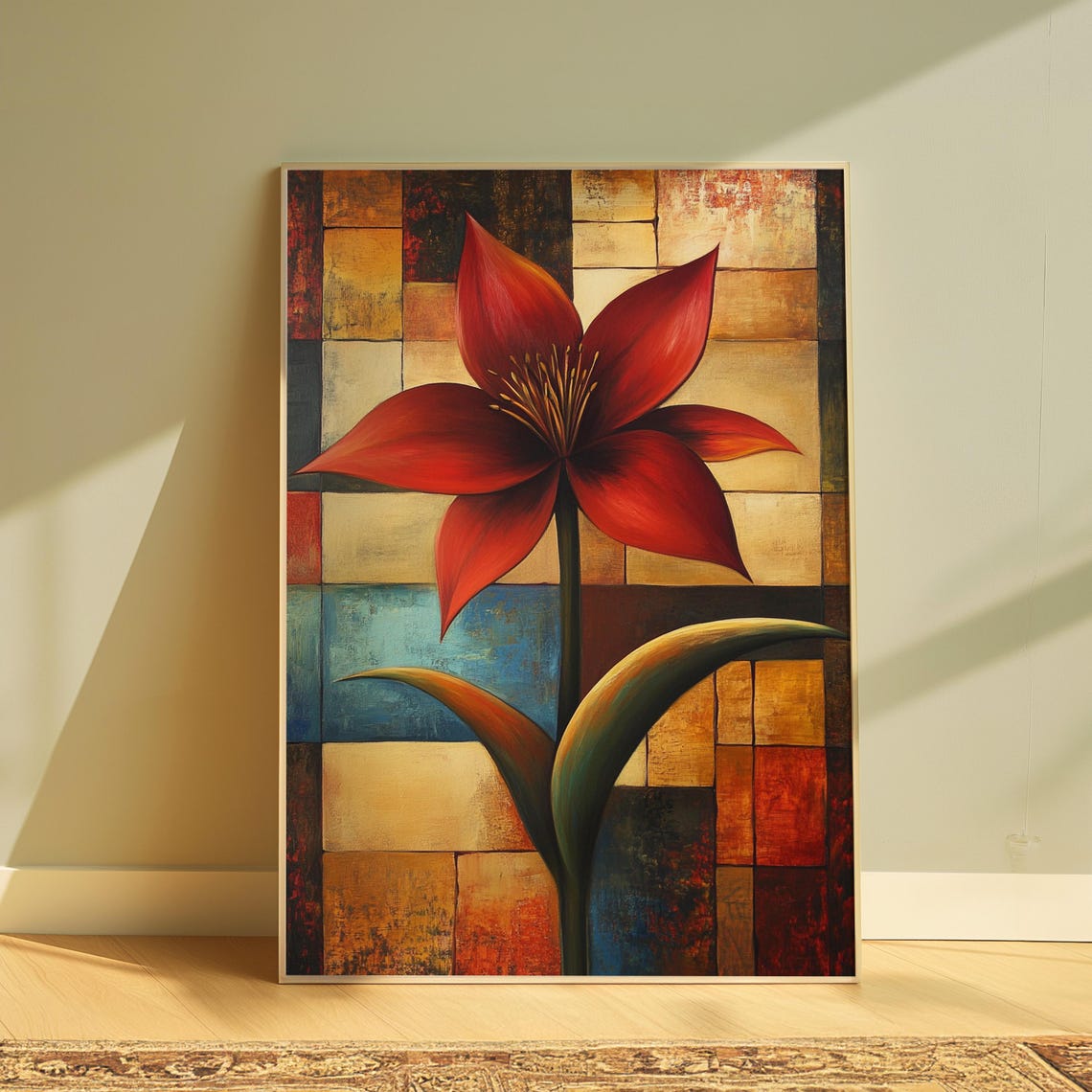 Crimson Lily Bloom Patchwork Tile Background Bold Floral Art Poster