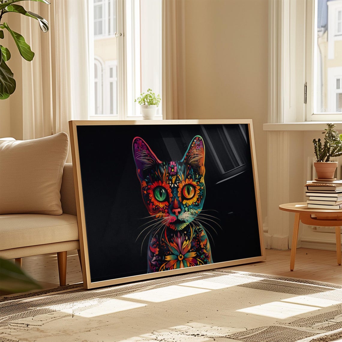 Rainbow Psychedelic Black Cat Bust Colorful Floral Whimsical Wall Art - Image 4