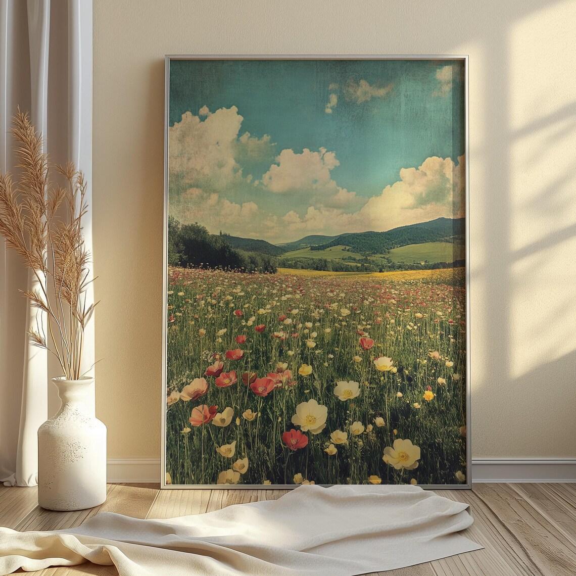 Wildflower Meadow Red Yellow Poppies Forested Hills Teal Sky Art Poster - Image 2