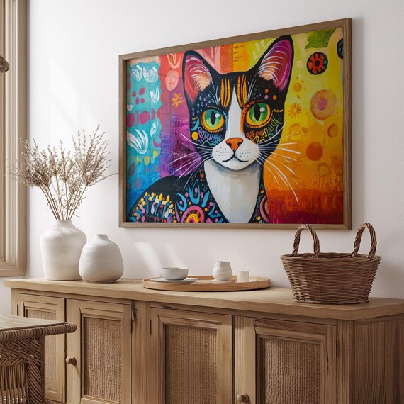 Tuxedo Cat Portrait Mandala Boho Decor Green Eyes Colorful Flower Poster