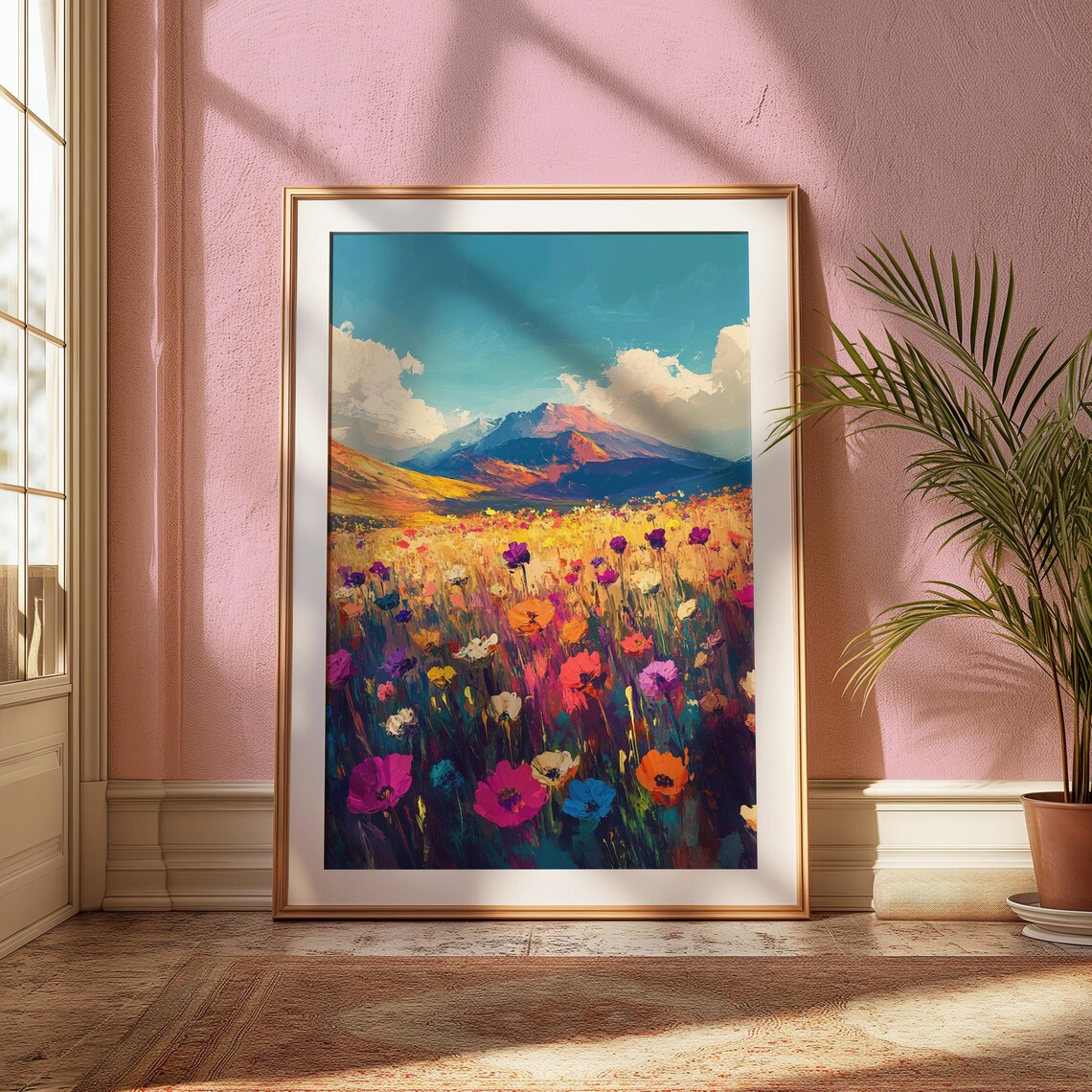 Colorful Wildflower Field Mountain View Impressionist Art Print - Image 2