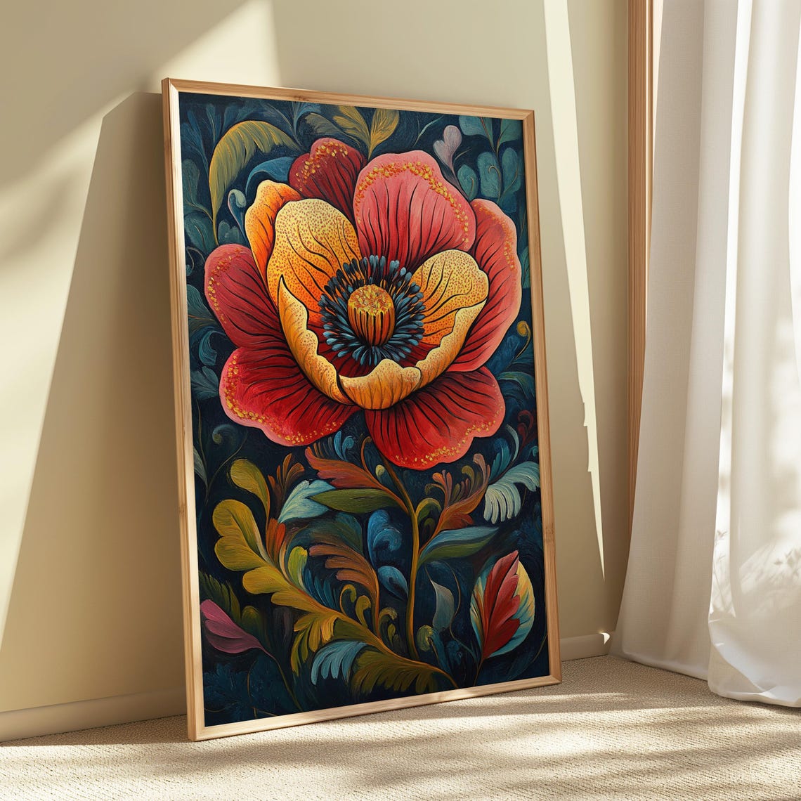 Bold Red Poppy Bloom Navy Botanical Dramatic Mexican Floral Art Poster - Image 5