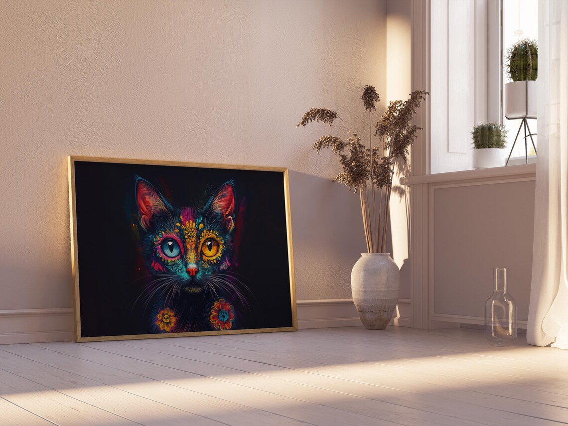 Black Cat Sugar Skull Marigold Flowers Heterochromia Eyes Dark Art Poster - Image 2