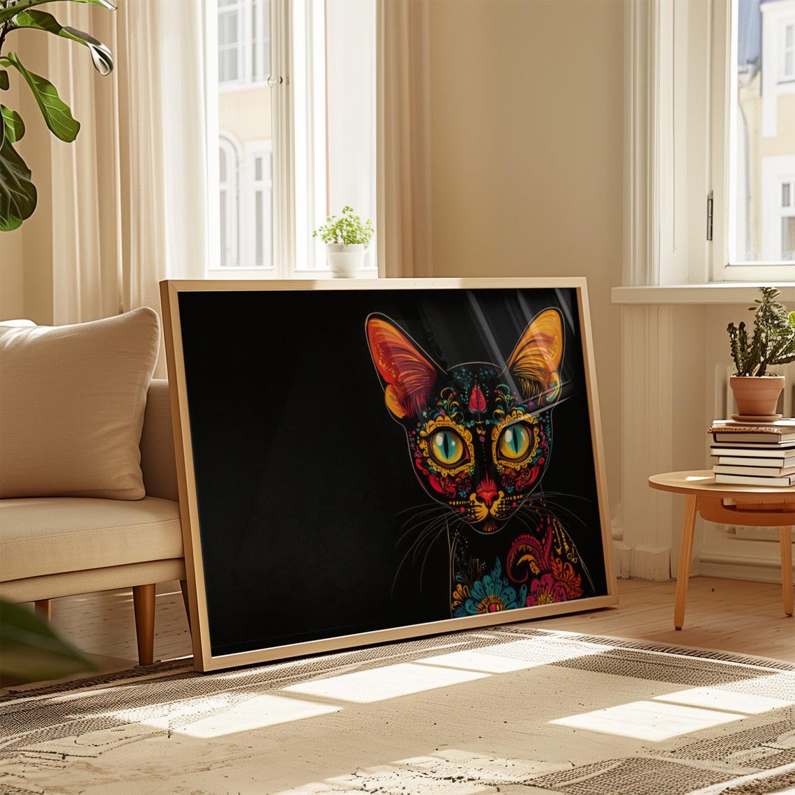 Close Up Black Cat Large Yellow Eyes Colorful Floral Day Dead Wall Art - Image 4