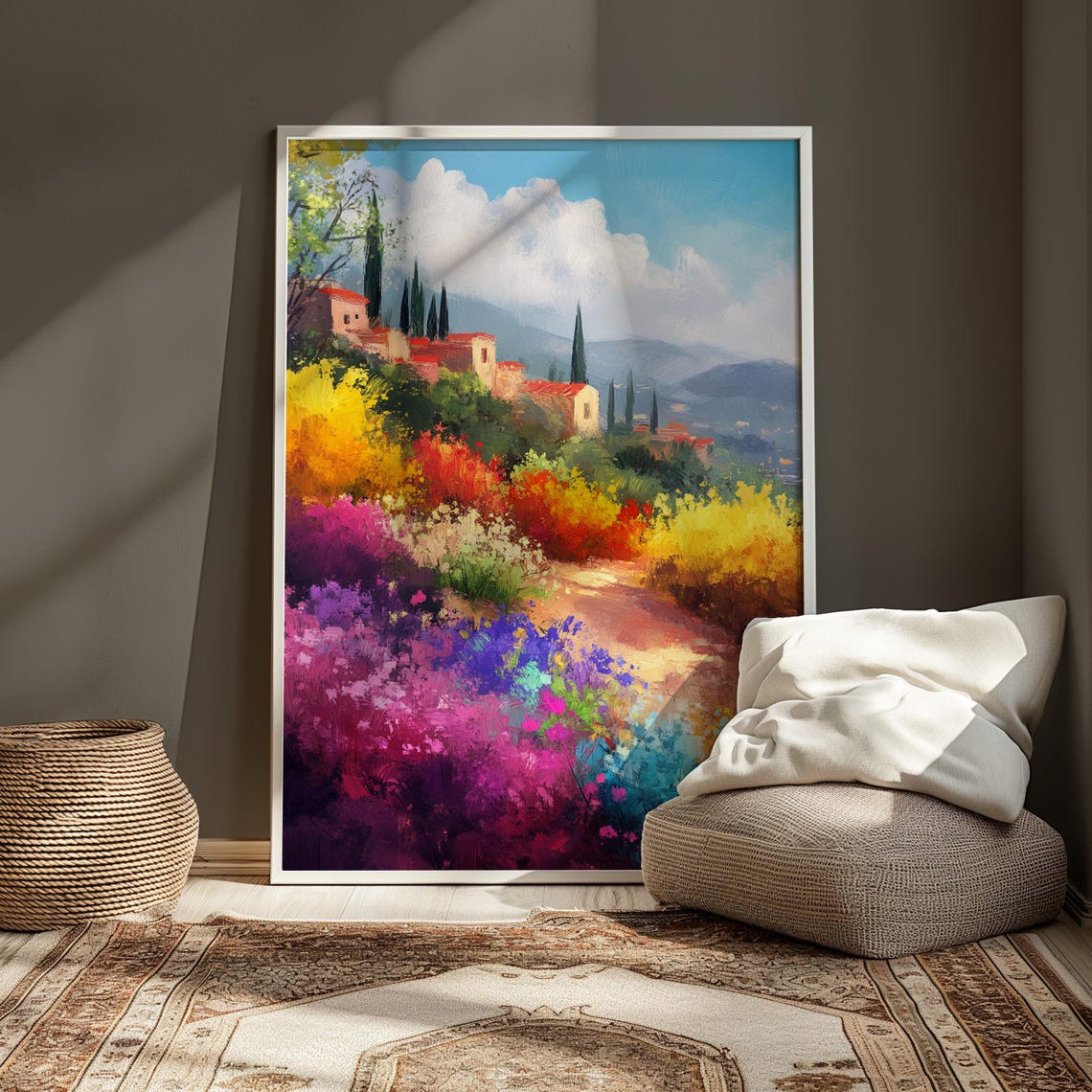 Hillside Village Flower Garden Cypress Trees Mountain View Art Print - Image 3