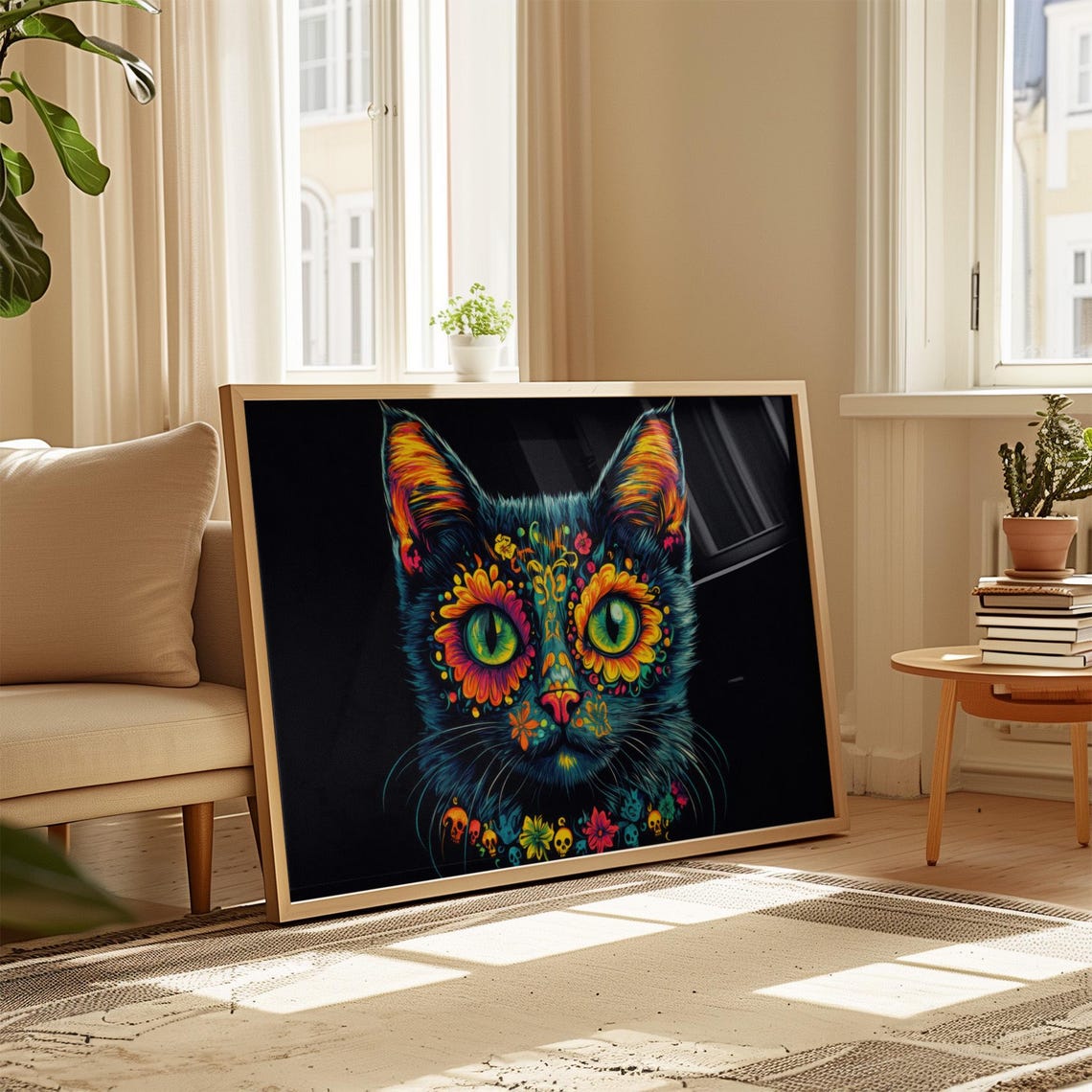 Black Cat Marigold Eye Rings Green Eyes Sugar Skull Charm Wall Art - Image 4