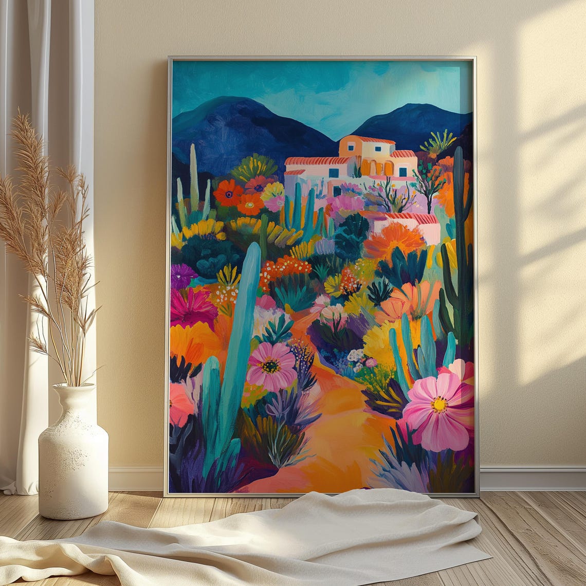 Desert Village Saguaro Cacti Pink Flowers Blue Mountain Art Print - Image 4