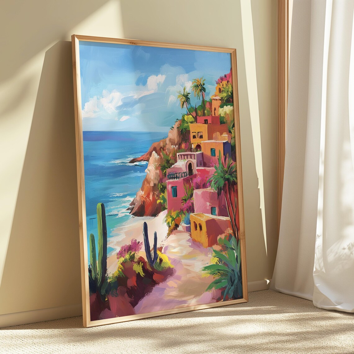 Colorful Coastal Cliff Village Pastel Houses Beach Blue Sea Cacti Poster - Image 5