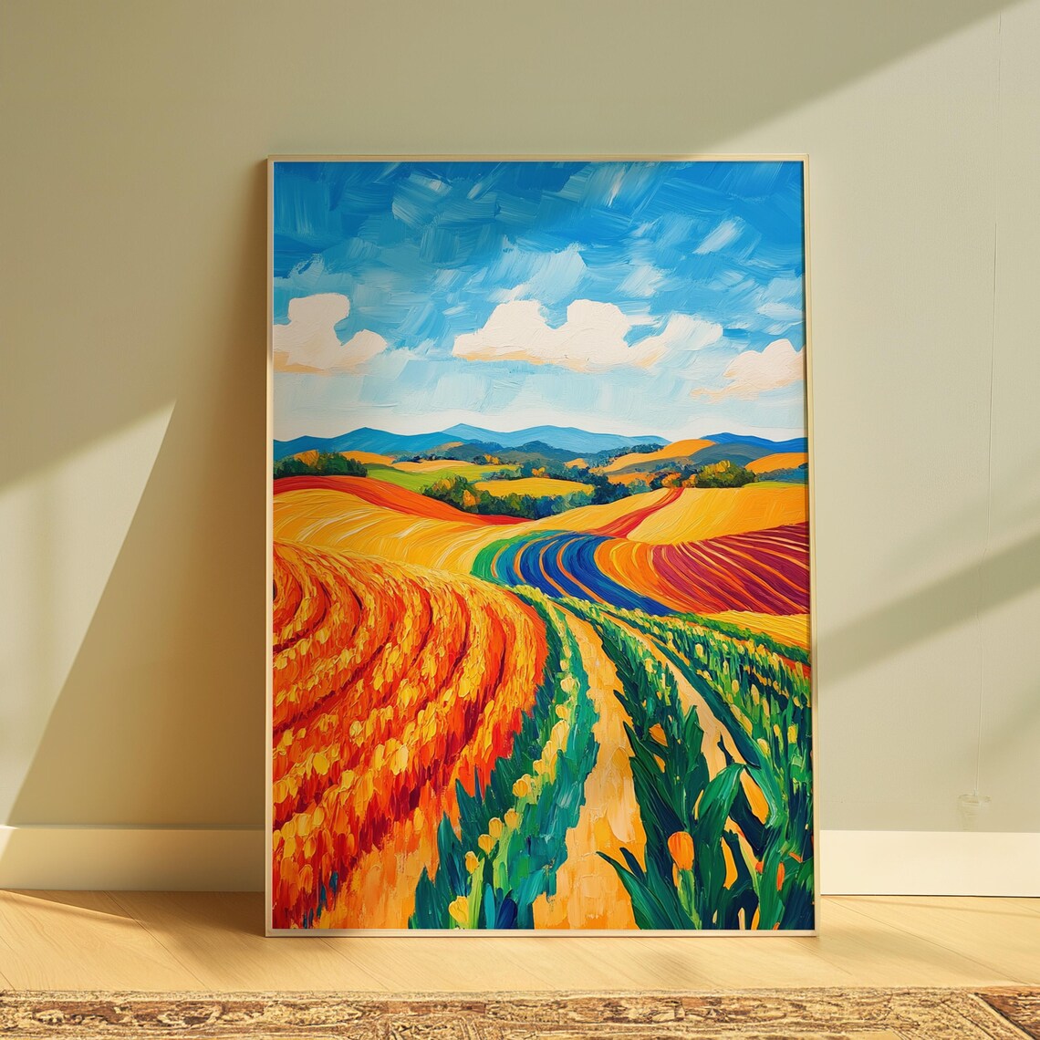 Colorful Farmland Rolling Hills Harvest Rows Vibrant Countryside Landscape Poster