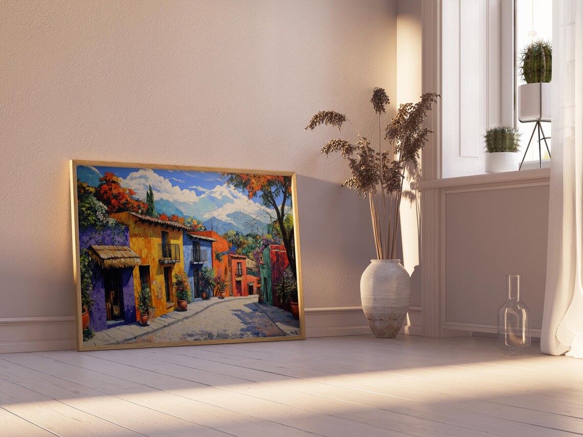 Mexican Colonial Street Painting Colorful Houses Mountains Wall Art Print - Image 2