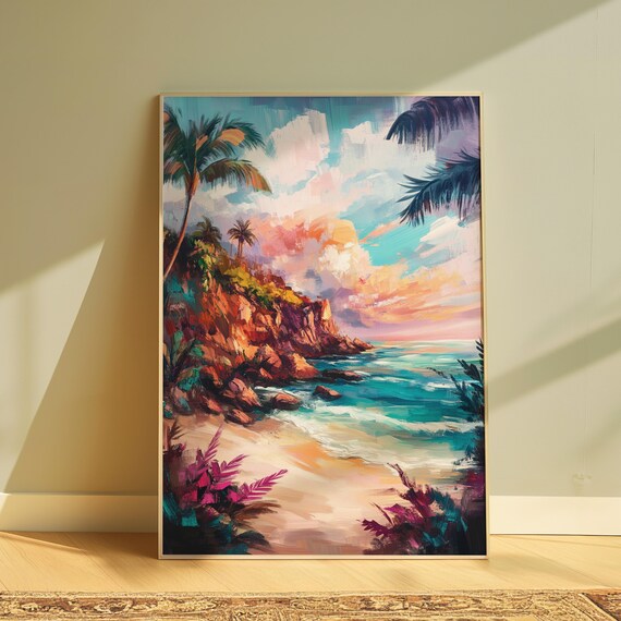 Tropical Beach Cove Sunset Palm Trees Orange Cliffs Turquoise Sea Landscape Poster