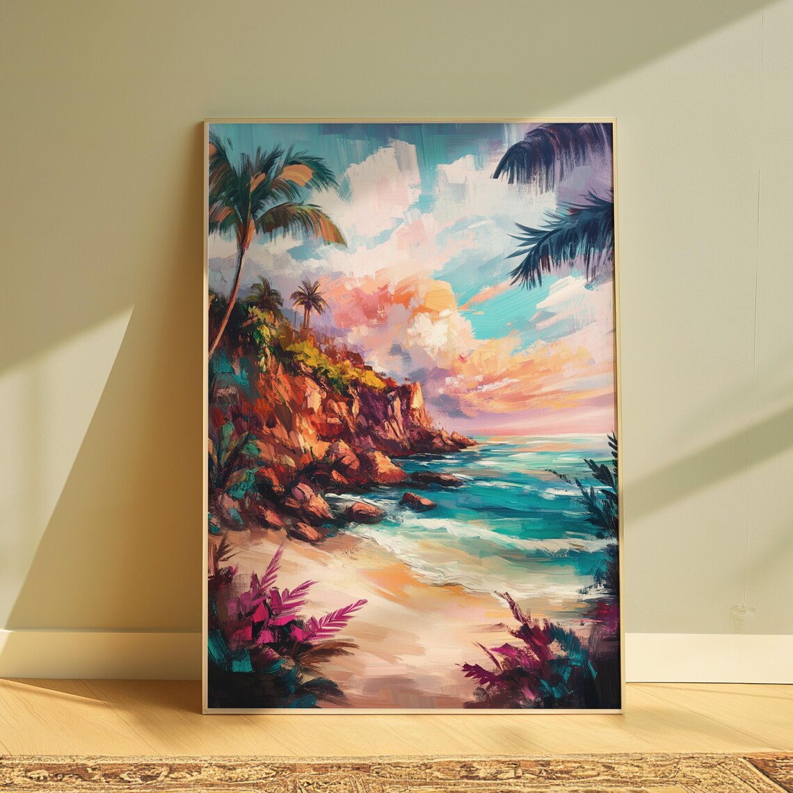 Tropical Beach Cove Sunset Palm Trees Orange Cliffs Turquoise Sea Landscape Poster