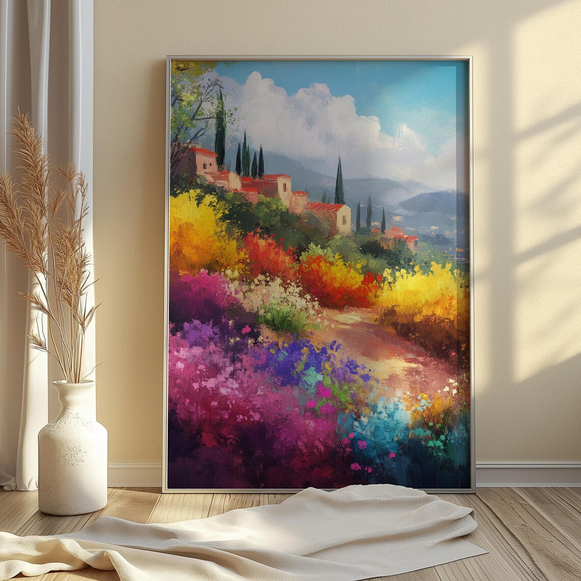 Hillside Village Flower Garden Cypress Trees Mountain View Art Print - Image 4