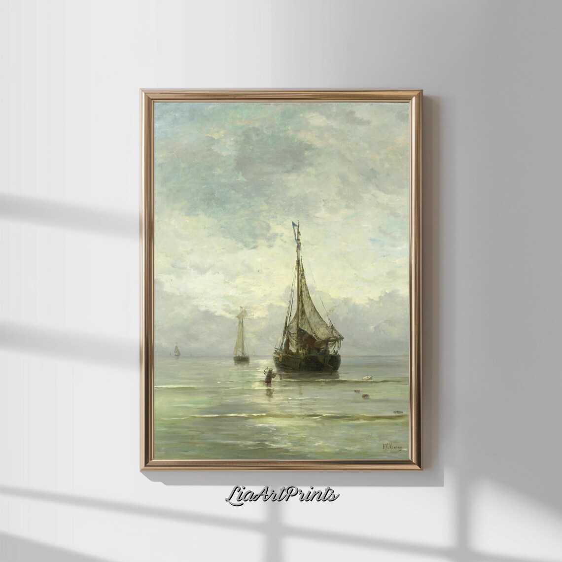 Serene Fishing Boats at Dawn on a Calm Sea Vintage Maritime Oil Print