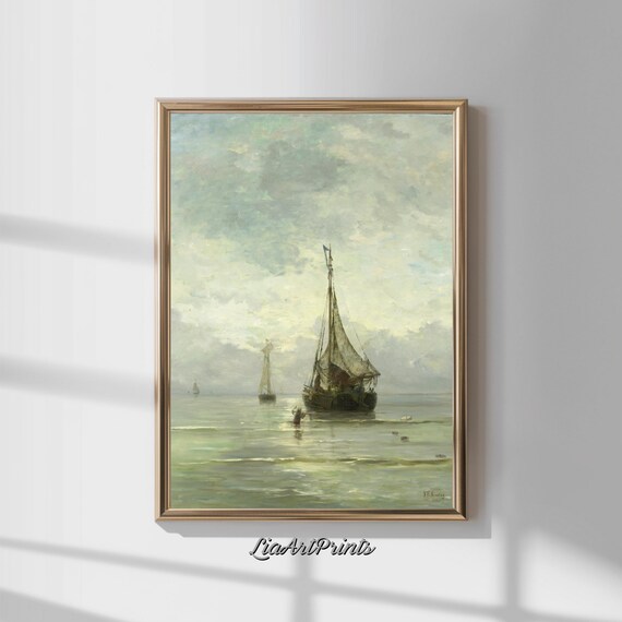 Serene Fishing Boats at Dawn on a Calm Sea Vintage Maritime Oil Print
