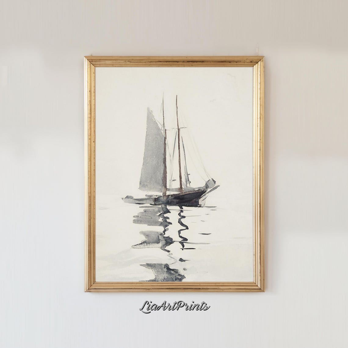 Minimalist Watercolor Sailboat on Calm Water with Reflection Poster - Image 3