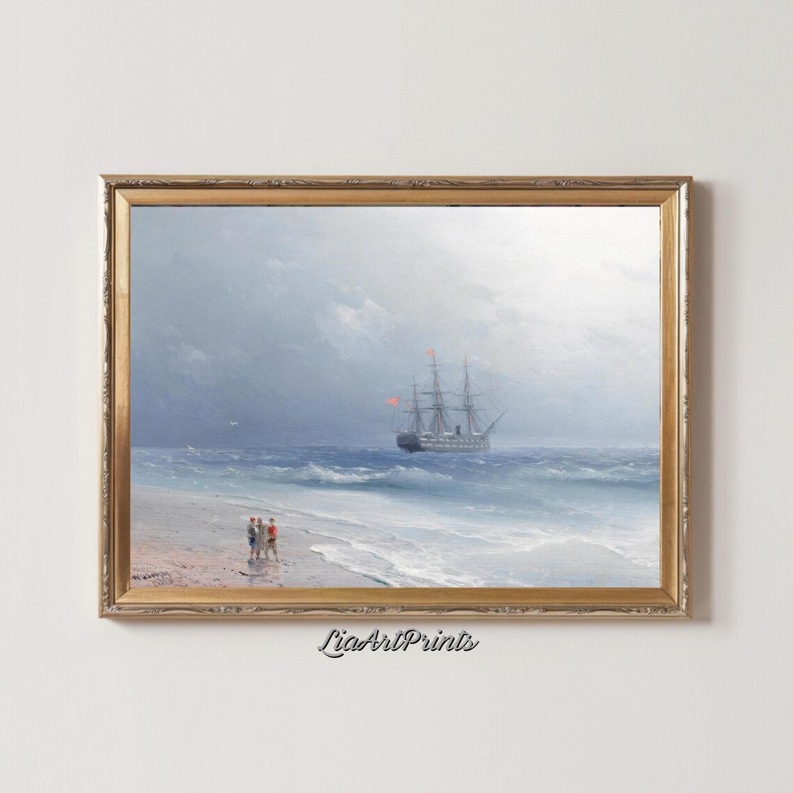 Serene Seascape with a Tall Ship and Figures on the Beach Vintage Print - Image 2