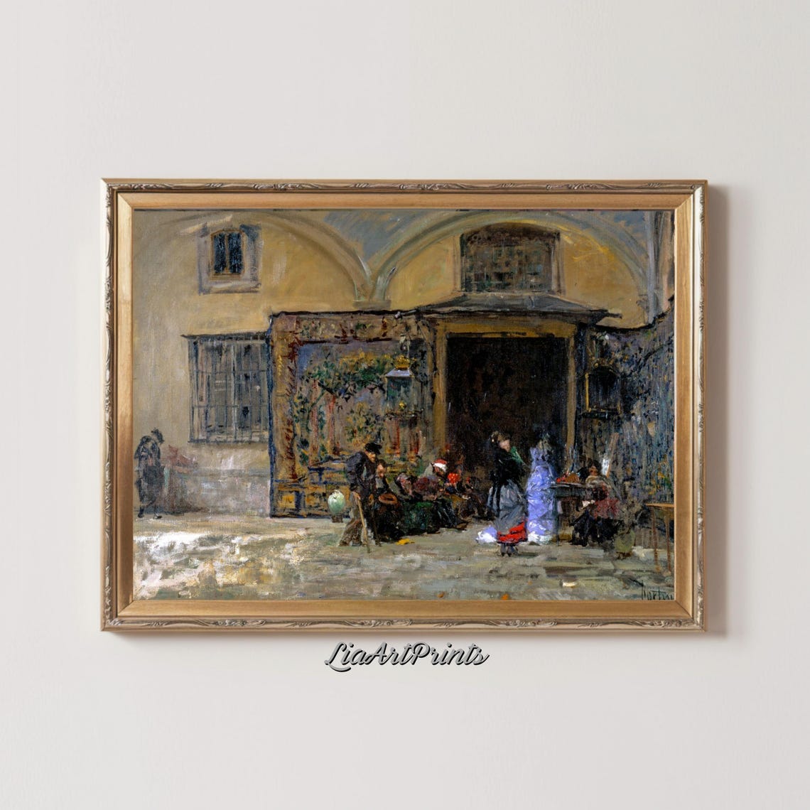 Vintage Courtyard Market Scene Arched Old Town Gathering Poster - Image 2