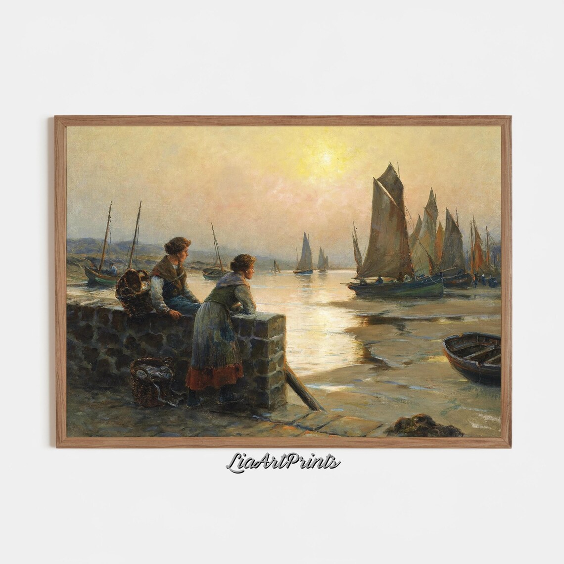 Harbor Sunset Vintage Seaside Scene Sailboats Golden Coastal Art Poster - Image 2