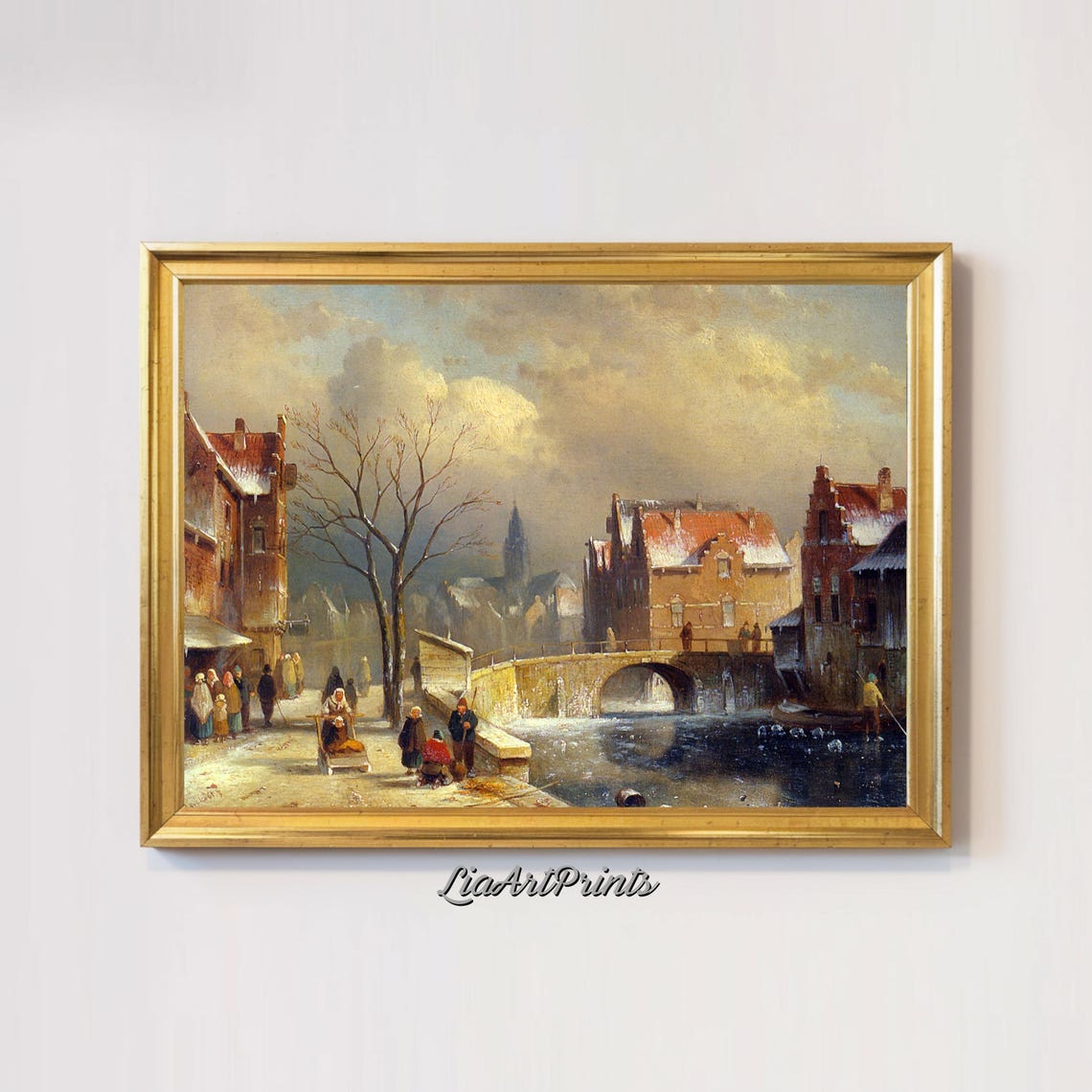 Snowy Winter Village Canal Bridge Charming Old Town Scene Poster - Image 3