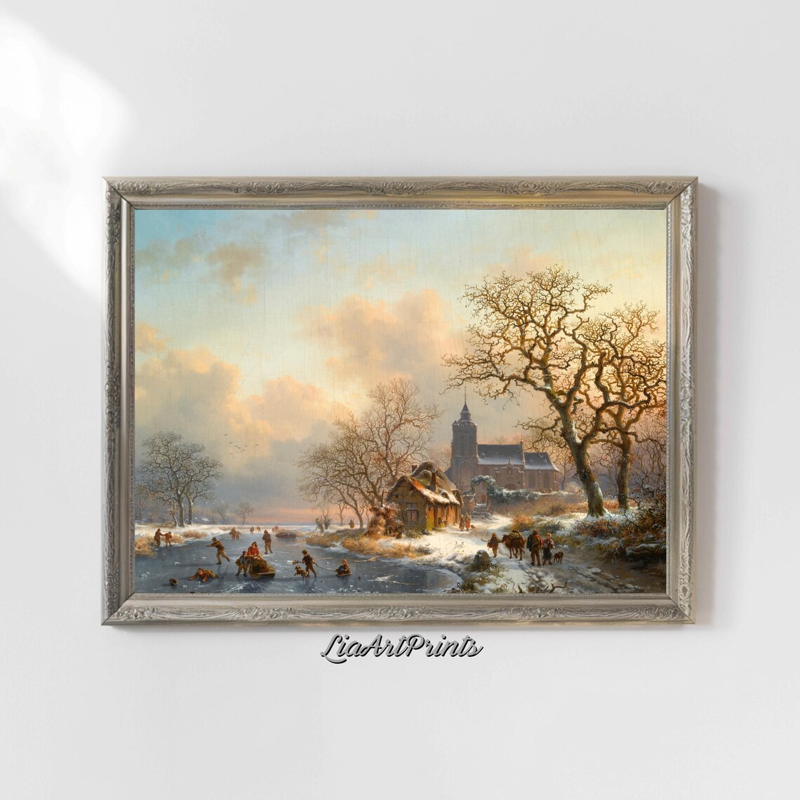 Winter Village Skaters Vintage Oil Painting with Frozen River and Church Poster - Image 4