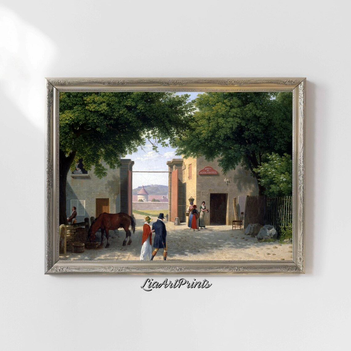 Rustic Village Courtyard with Inn Horse and Travelers Poster - Image 4