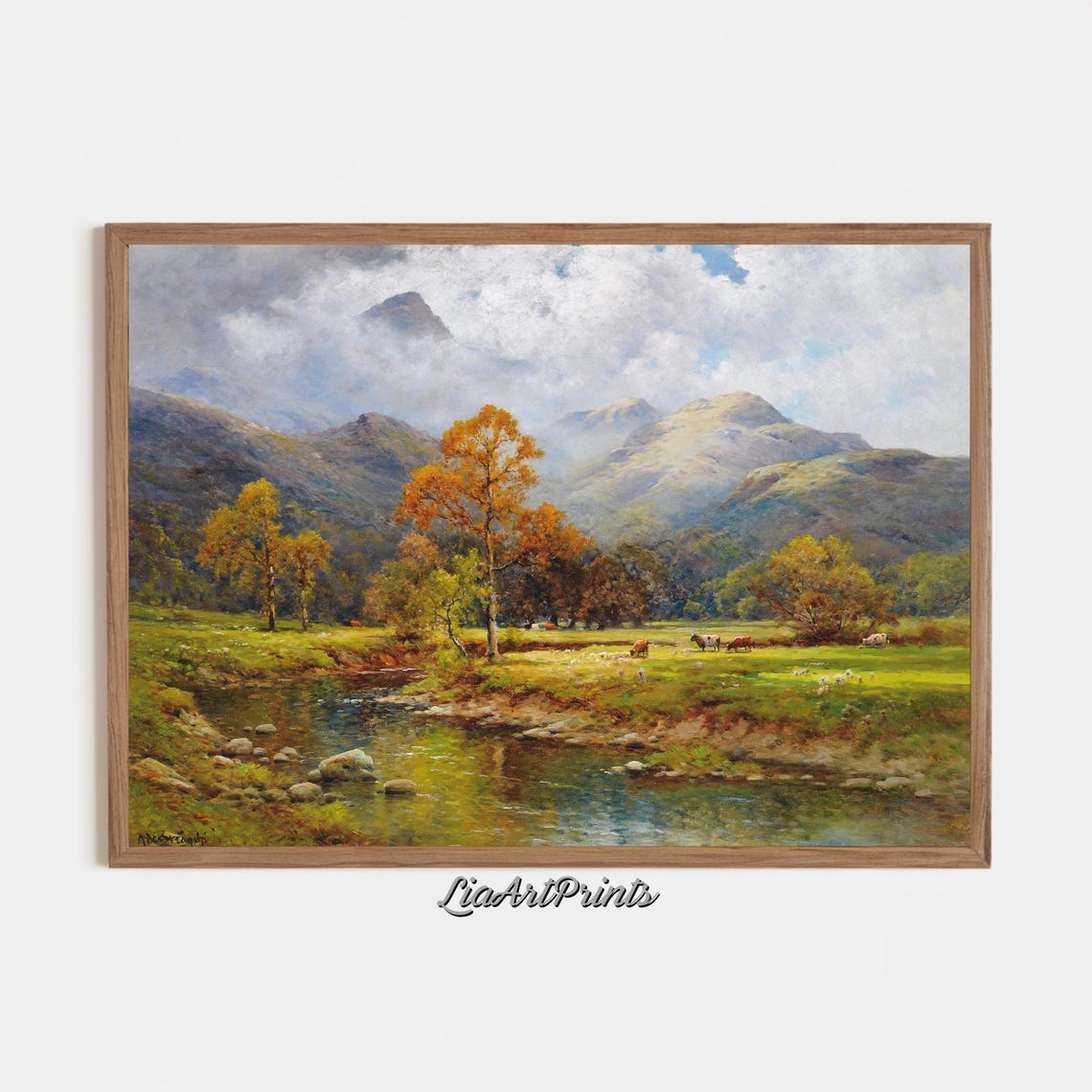 Autumn Mountain Stream Landscape with Golden Trees and Cattle Poster - Image 2