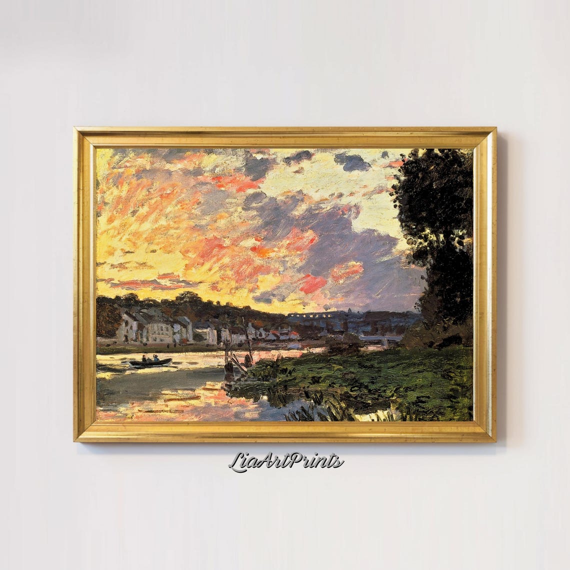 Fiery Sunset River Boats Impressionist Golden Sky Landscape Poster - Image 2