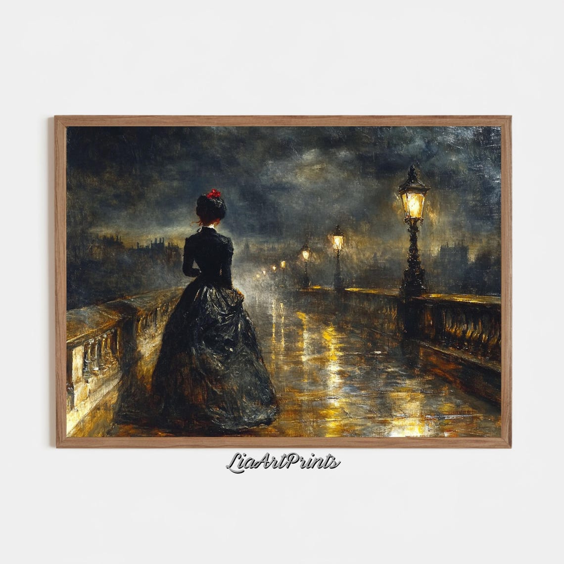 Victorian Lady Rainy Bridge Night Gas Lamps Romantic Gothic Wall Art - Image 2