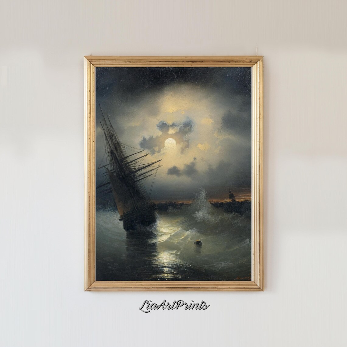 Moonlit Stormy Sea With Ship, Dramatic Maritime Scene - Image 4
