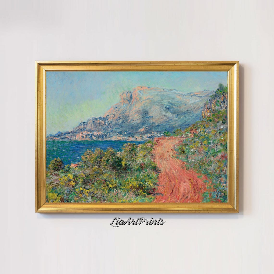 Impressionist Coastal Mountain Path with Red Road and Blue Sea Poster - Image 2