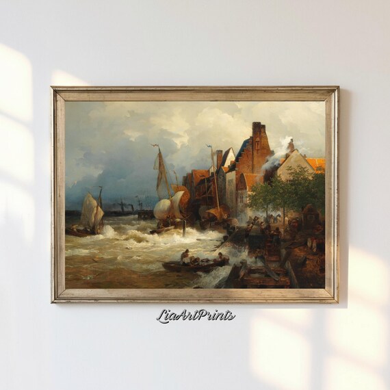 Stormy Harbor Scene, Seaside Town and Sailboats