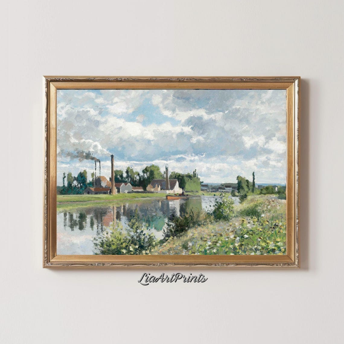 Riverside Factories Reflected Water Impressionist Landscape Poster - Image 2