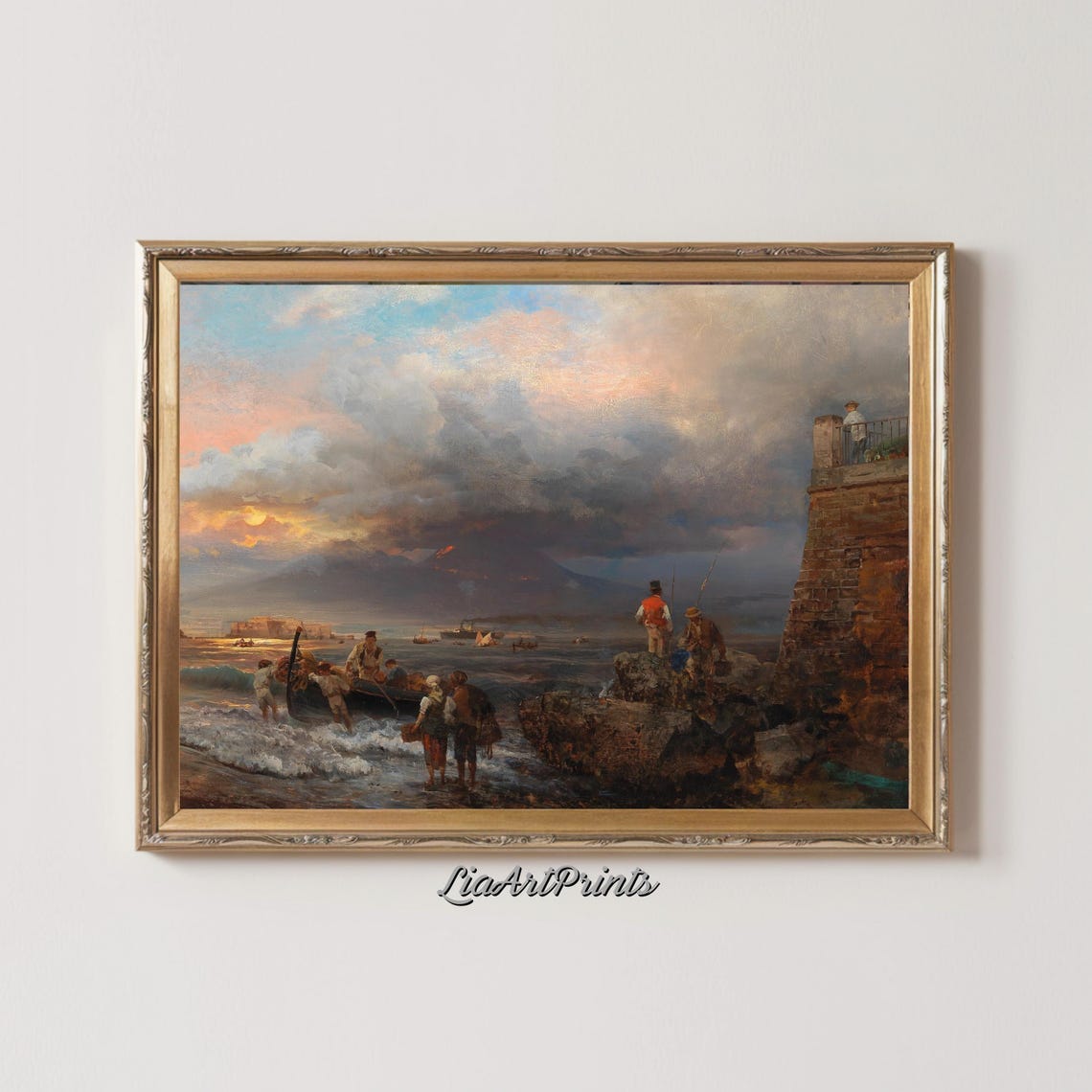 Sunset By The Bay With Mount Vesuvius Maritime Scene With Fishermen - Image 2