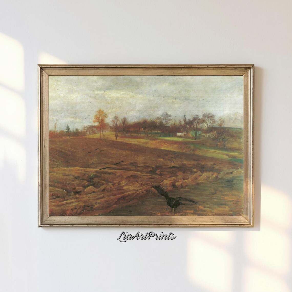 Autumn Plowed Field Birds Antique Muted Countryside Landscape Poster