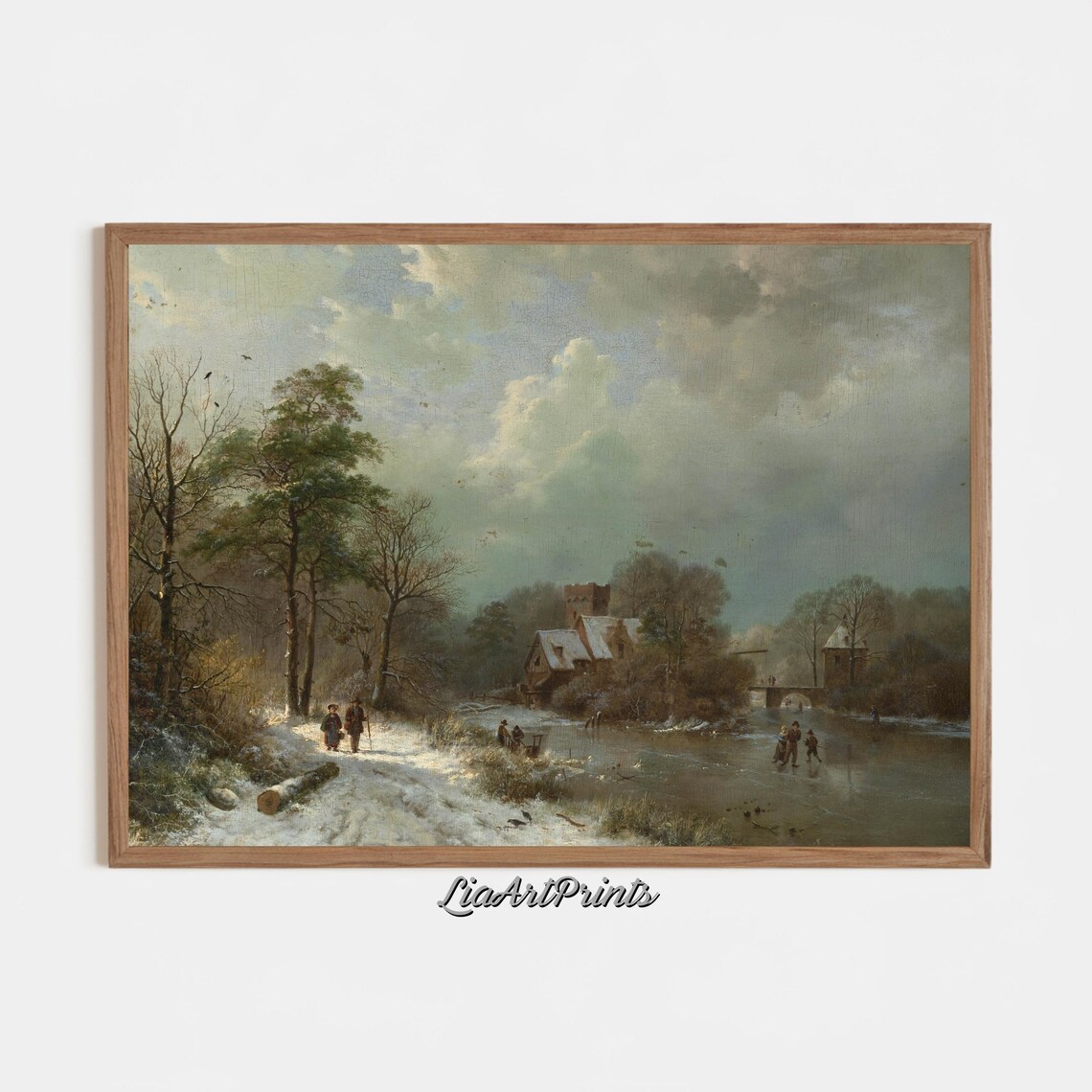 Winter Landscape With Ice Skaters, Rustic Village - Image 4
