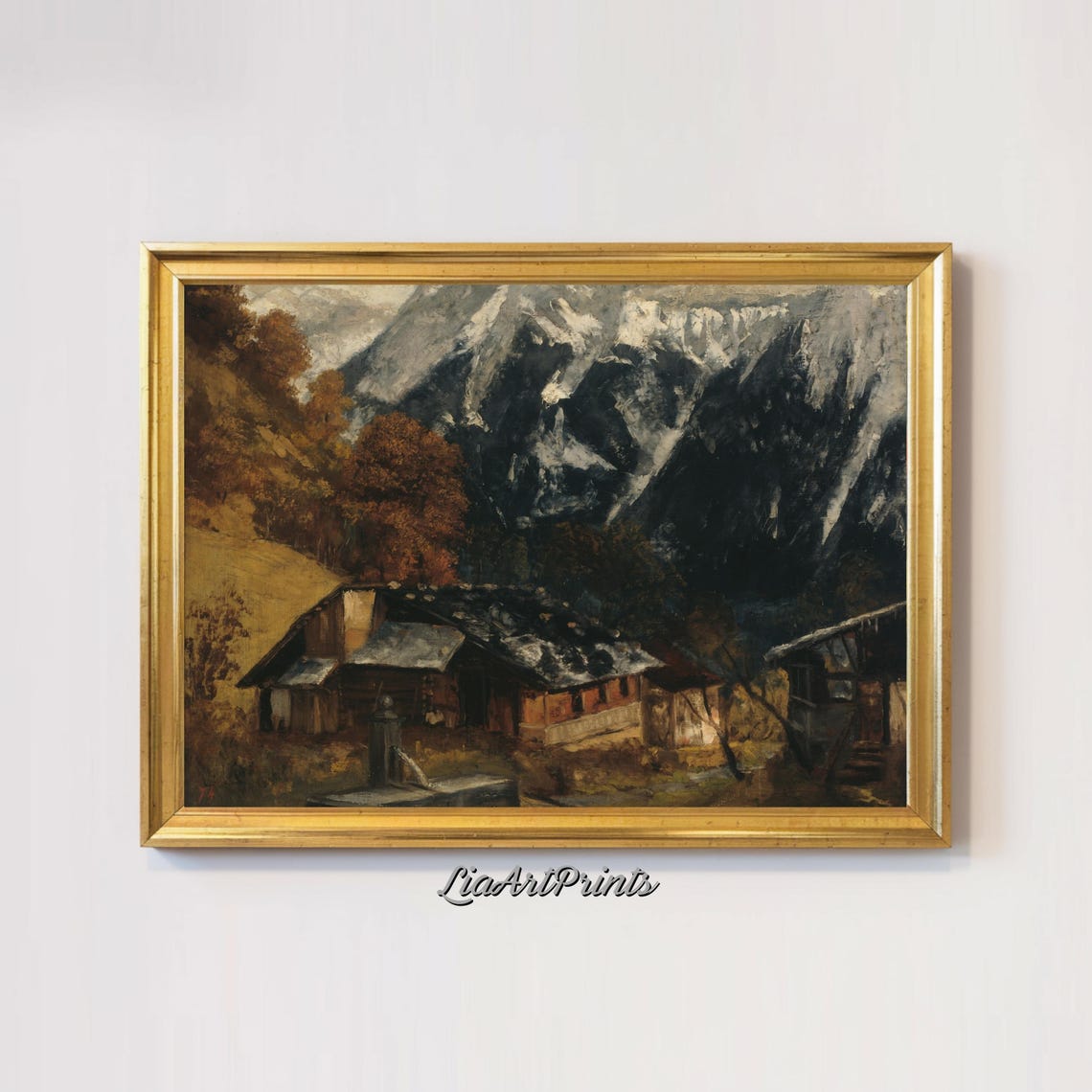 Wooden Chalet Beneath Snow Capped Alpine Peaks Vintage Mountain Poster - Image 2