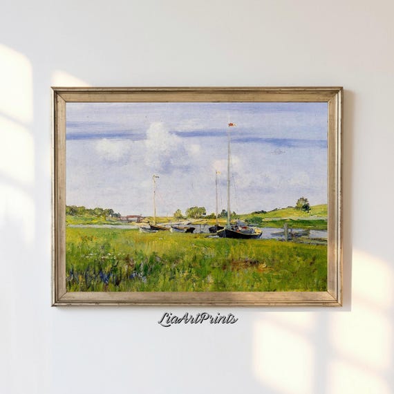 Pastoral Meadow With Boats Wall Art Vintage Scenic Artwork For Rustic Decor Framed River Landscape