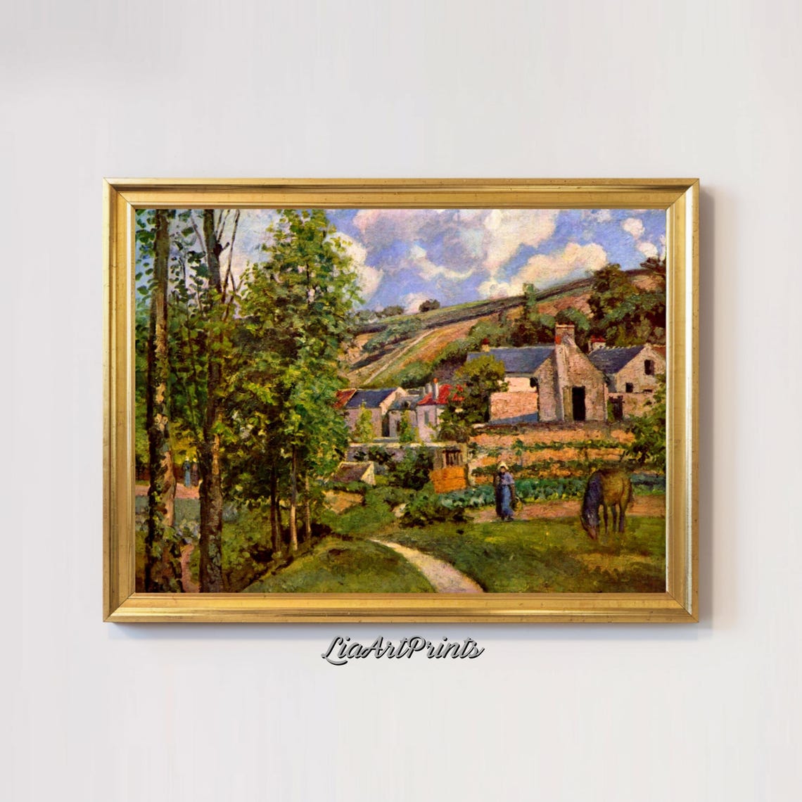 Charming Impressionist Village Farmhouses Grazing Horse Scene Poster - Image 2
