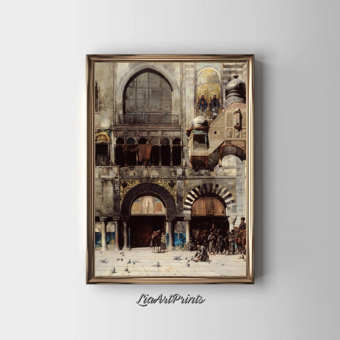 Orientalist Palace Courtyard with Horsemen Vintage Islamic Art Poster - Image 2