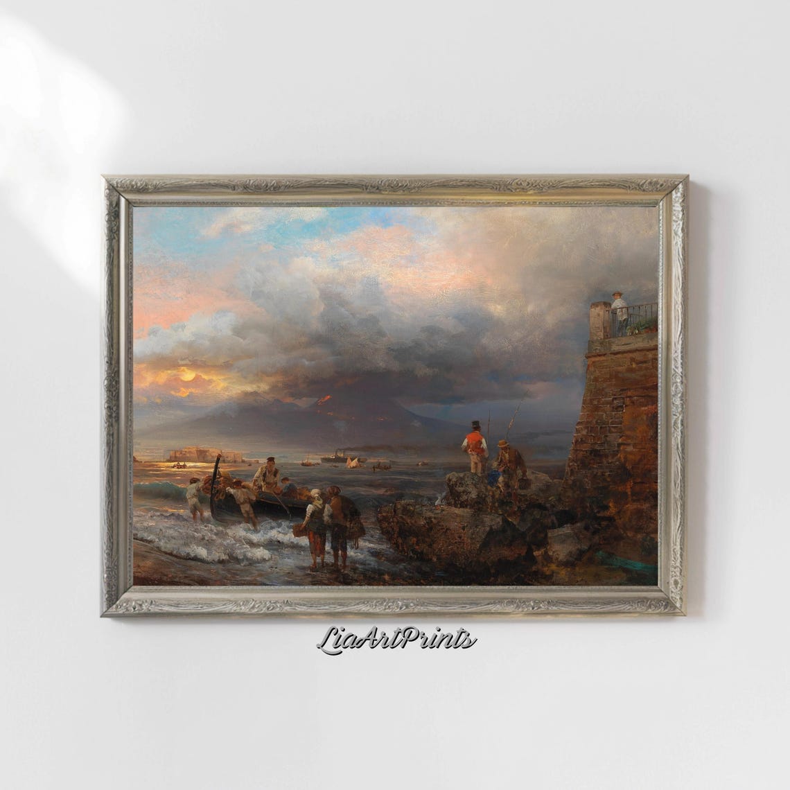 Sunset By The Bay With Mount Vesuvius Maritime Scene With Fishermen - Image 5