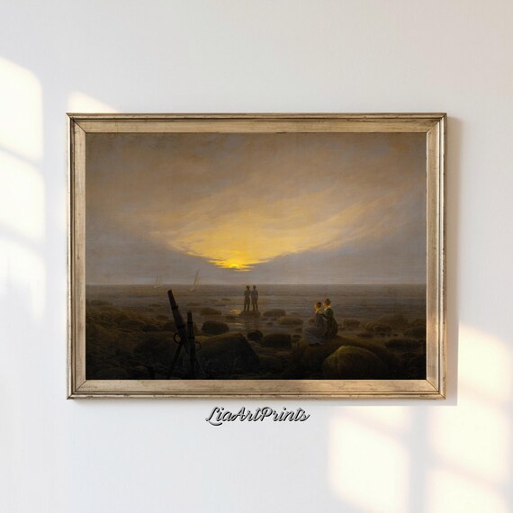Moody Seascape Wall Art Vintage Sunset Ocean Painting Print Rustic Coastal Decor For Home Artwork For Living Room