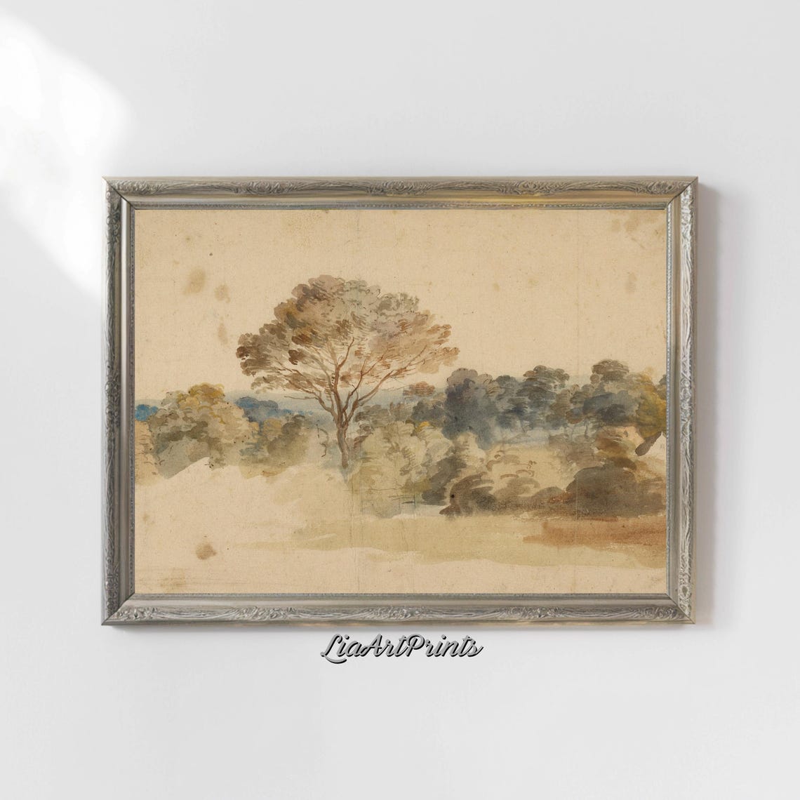 Minimalist Watercolor Lone Tree Open Field Antique Landscape Poster - Image 4