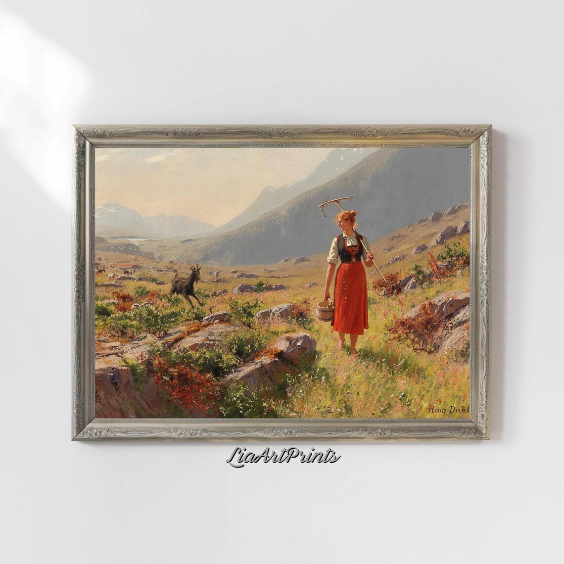 Mountain Shepherdess In Blooming Valley Pastoral Scene With Mountains Vibrant Countryside Wall Art - Image 5