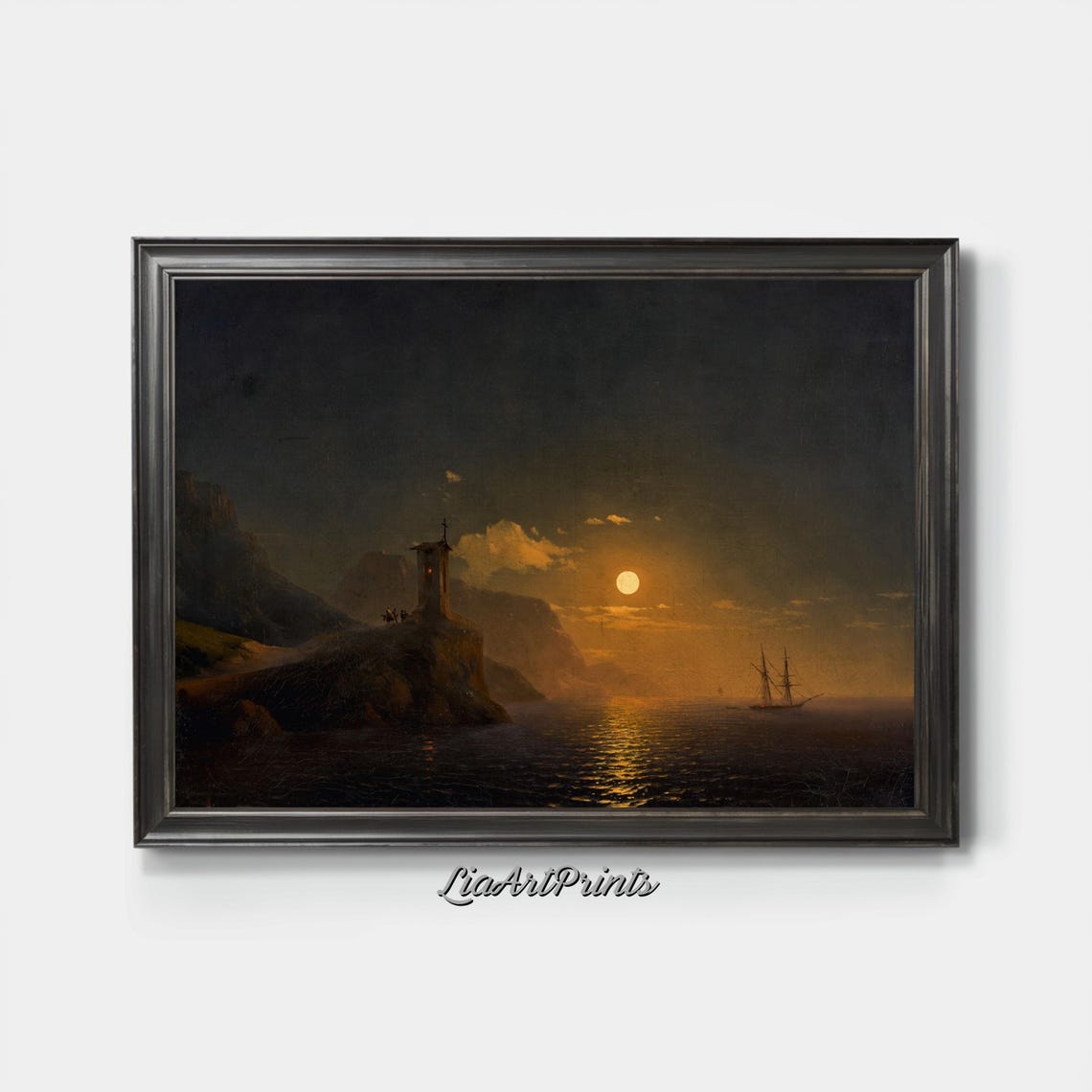 Moonlit Seascape Lighthouse Tower Sailing Ship Night Ocean Poster - Image 2
