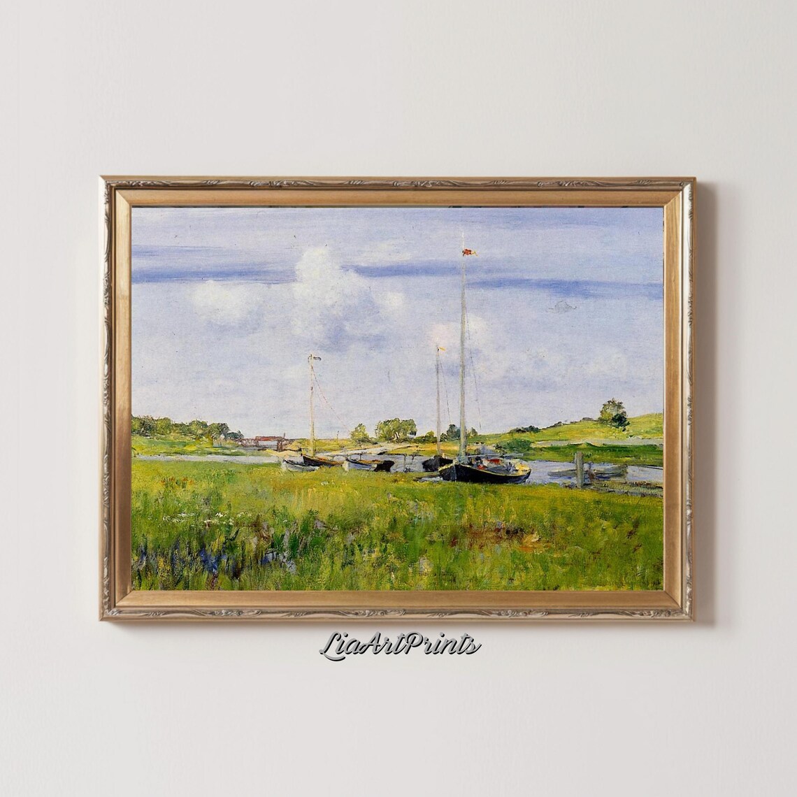 Impressionist Sailboats Resting on a Sunny Grassy Meadow Shore Poster - Image 2